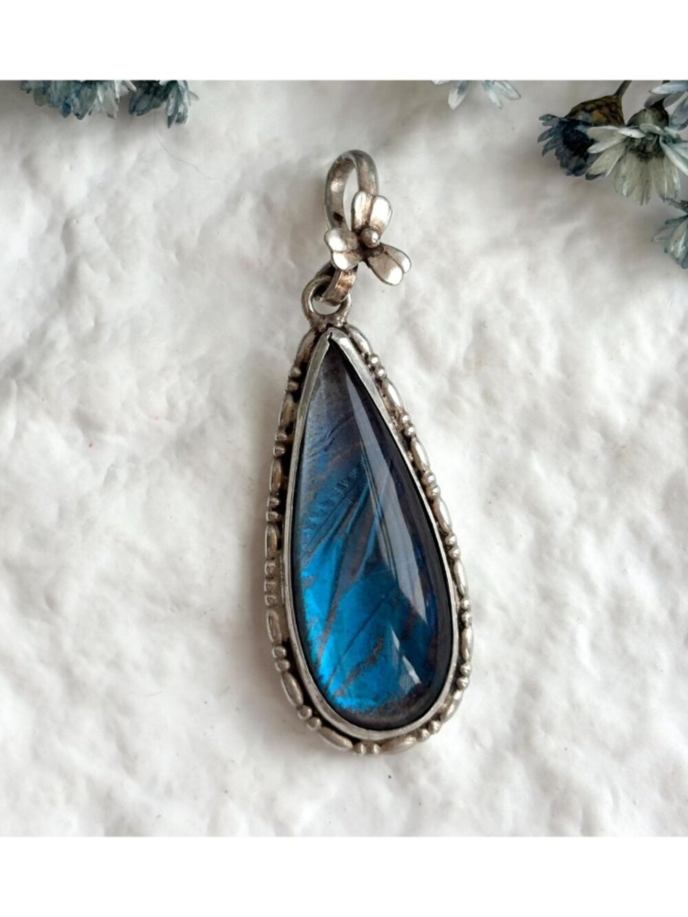 Genuine Butterfly Wings Teardrop Shaped Sterling Silver 925 Vintage Pendant